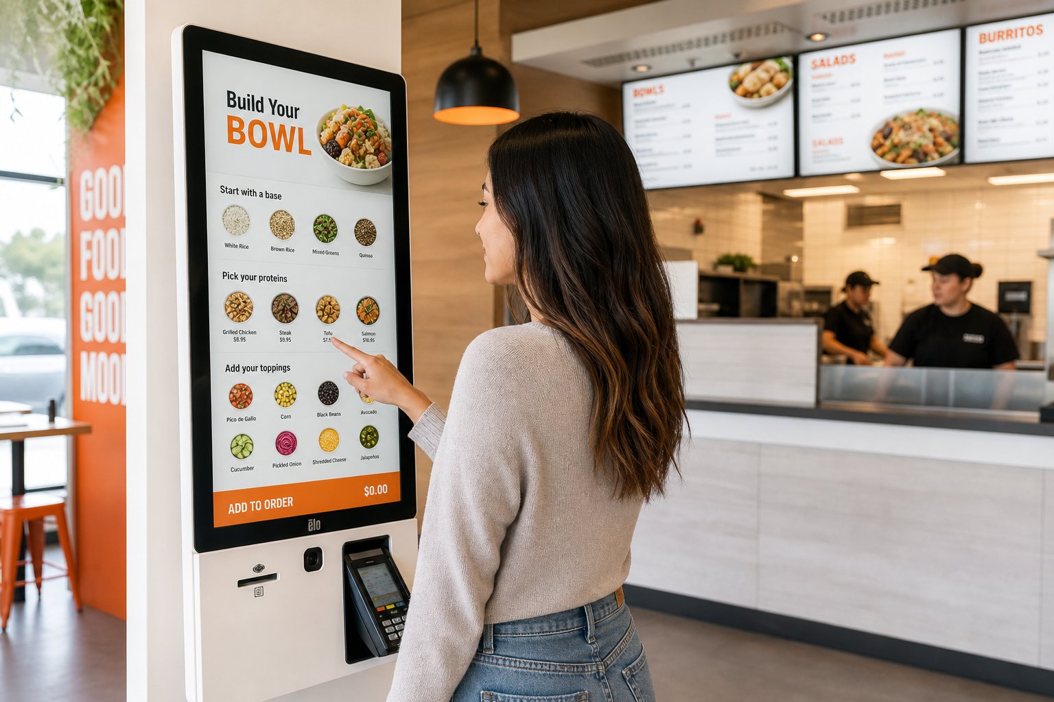 Self-ordering kiosk in a restaurant